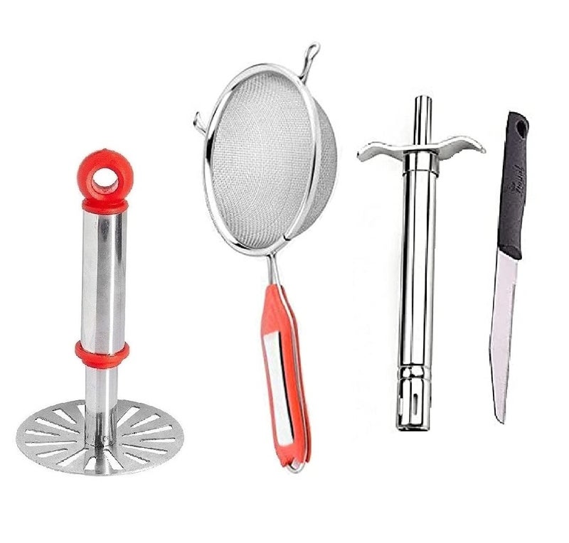 Blue Wonder Combo of Potato Vegetables Pav Bhaji Masher with Stainless Steel Soup Strainer Lighter Knife Set - Image 1