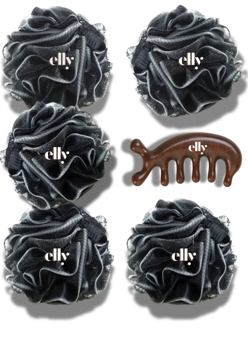 ELLY - 5x Charcoal Infused Loofah Shower Loofah Sponge Soft Mesh Shower Puffs for Body Exfoliating and 1x Massage Comb| For Men, Women - Image 1