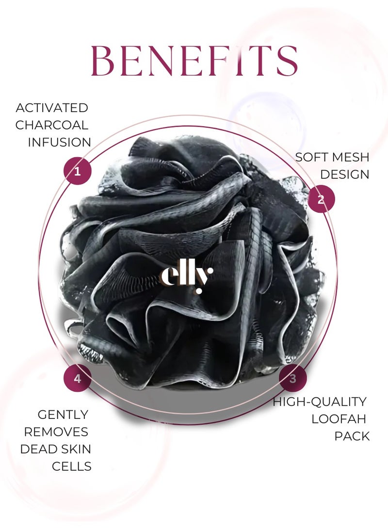 ELLY - 5x Charcoal Infused Loofah Shower Loofah Sponge Soft Mesh Shower Puffs for Body Exfoliating and 1x Massage Comb| For Men, Women - Image 2