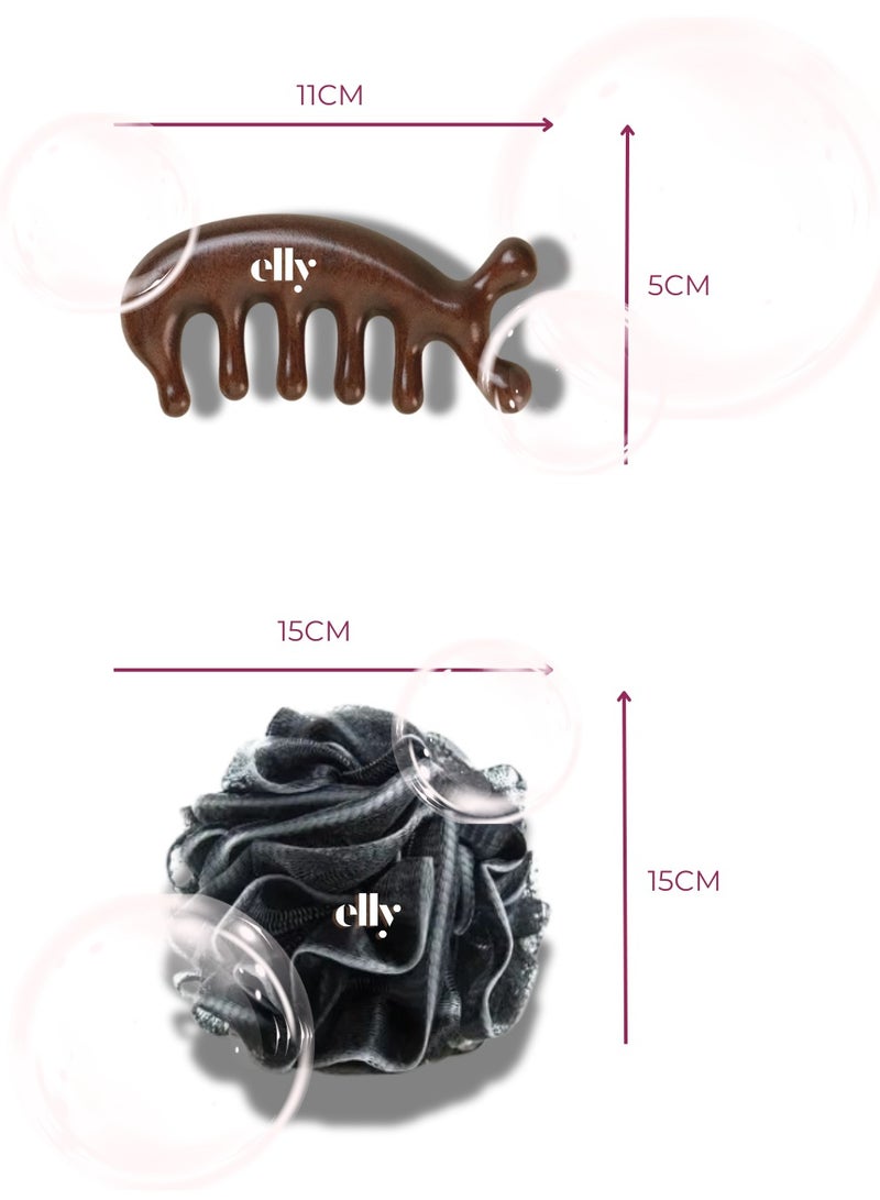 ELLY - 5x Charcoal Infused Loofah Shower Loofah Sponge Soft Mesh Shower Puffs for Body Exfoliating and 1x Massage Comb| For Men, Women - Image 4