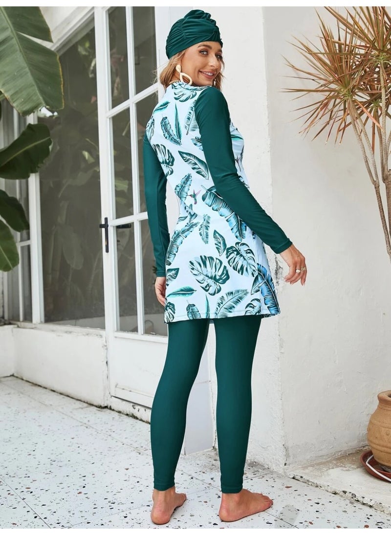 Fianser Women's Burkini 3 Piece Modest Swimwear Set Long Sleeve Swimsuit Full Coverage Muslim Swimwear with Leggings & Swim Cap Tropical Leaf Print - Image 5