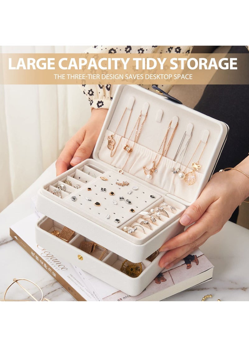 SYOSI Travel Jewelry Organizer, Pu Leather Portable Jewelry Case for Women Girls, Small Double Layer Travel Jewelry Box for Stud Earrings, Rings, Necklaces, Bracelets, White - Image 3