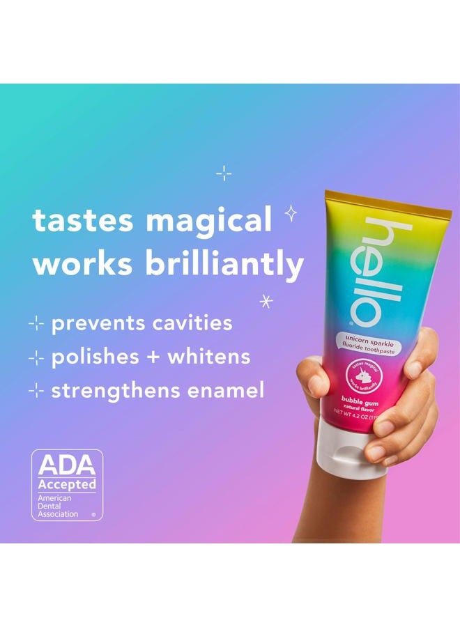 Hello Unicorn Sparkle Kids Fluoride Toothpaste, Natural Bubble Gum Flavor, ADA Approved, Ages 2+, No Artificial Sweeteners, No SLS, Gluten Free, Vegan, Pack of 3, 4.2 oz Tubes - Image 4