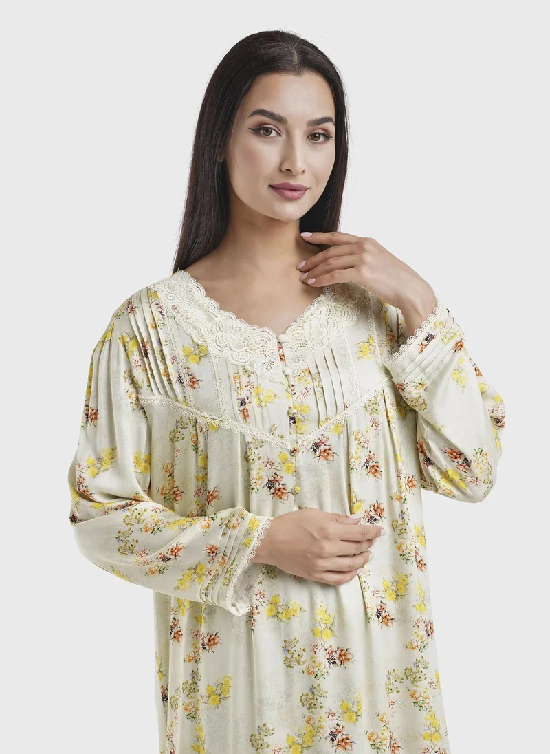 كشخة Light Yellow Floral Print Viscose Nightwear Dress (CNH442)