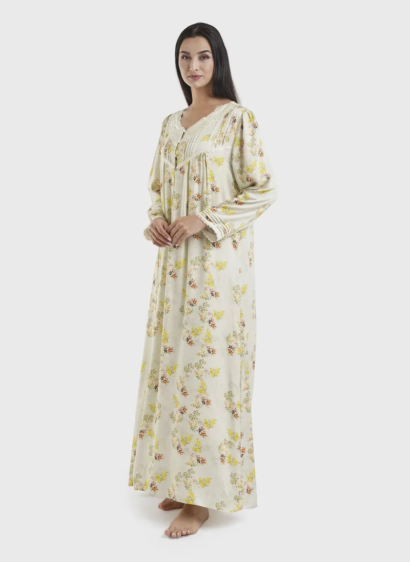 KASHKHA Light Yellow Floral Print Viscose Nightwear Dress (CNH442)