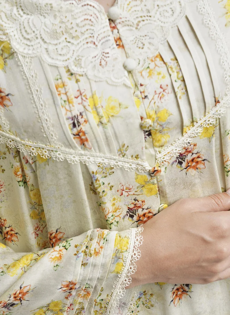 KASHKHA Light Yellow Floral Print Viscose Nightwear Dress (CNH442)