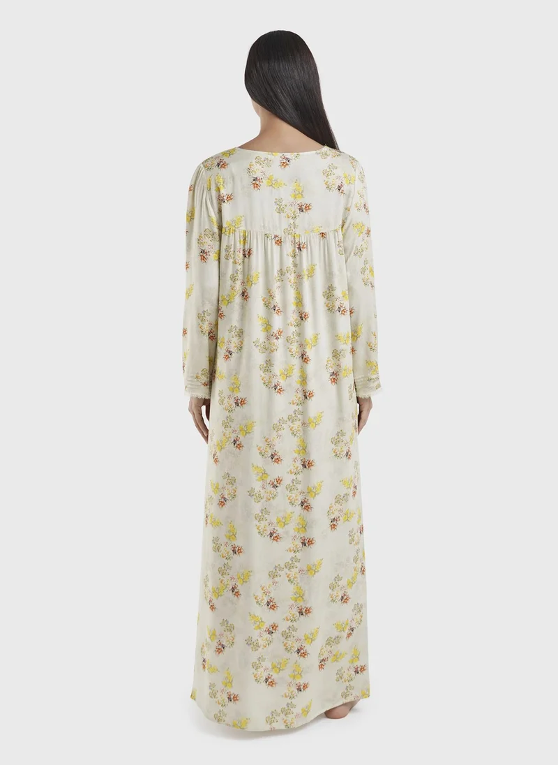 KASHKHA Light Yellow Floral Print Viscose Nightwear Dress (CNH442)