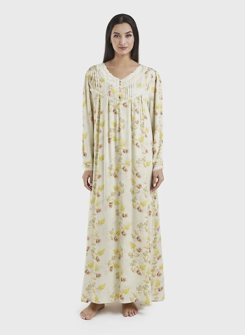 Kashkha Light Yellow Floral Print Viscose Nightwear Dress (CNH442)