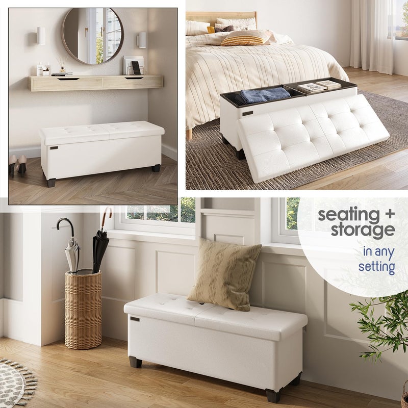 STORAGEBUD Storage Ottoman Bench with Bins, 43-in Storage Bench for Bedroom End of Bed, Folding Foot Rest Ottoman for Living Room Max 660lbs, Faux Leather Ottomans, Cream - Image 4
