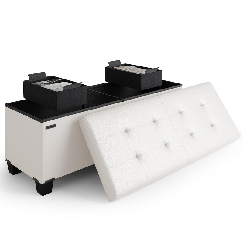 STORAGEBUD Storage Ottoman Bench with Bins, 43-in Storage Bench for Bedroom End of Bed, Folding Foot Rest Ottoman for Living Room Max 660lbs, Faux Leather Ottomans, Cream - Image 1