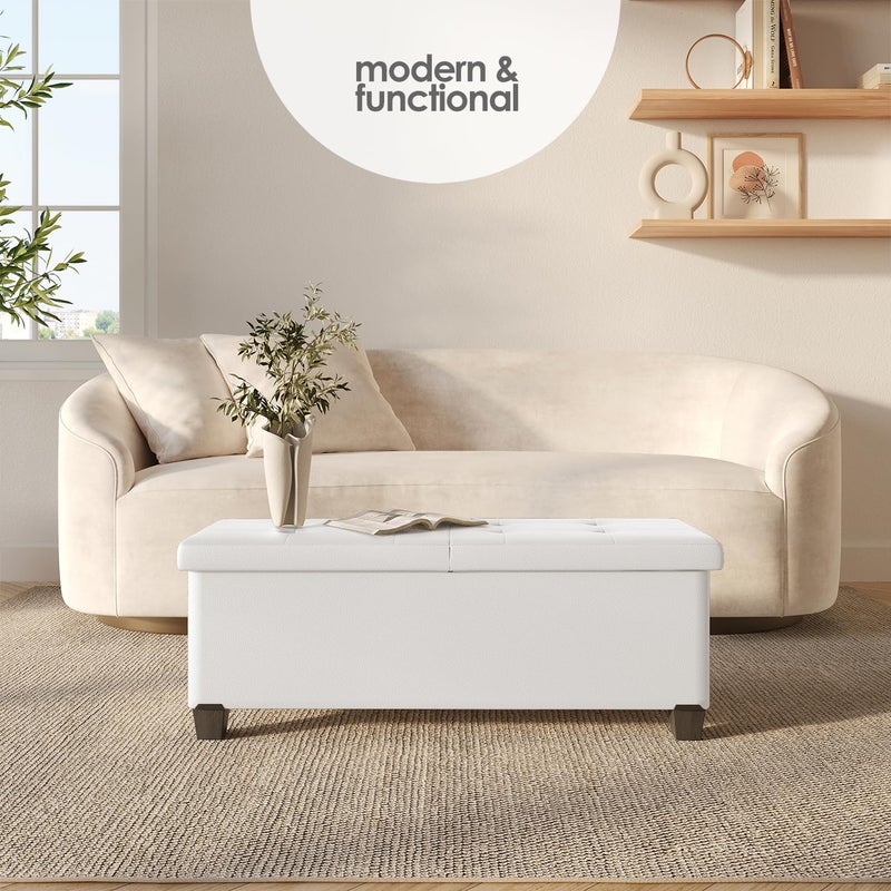 STORAGEBUD Storage Ottoman Bench with Bins, 43-in Storage Bench for Bedroom End of Bed, Folding Foot Rest Ottoman for Living Room Max 660lbs, Faux Leather Ottomans, Cream - Image 2