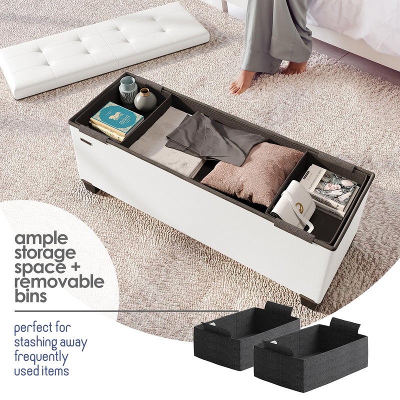 STORAGEBUD Storage Ottoman Bench with Bins, 43-in Storage Bench for Bedroom End of Bed, Folding Foot Rest Ottoman for Living Room Max 660lbs, Faux Leather Ottomans, Cream - Image 3