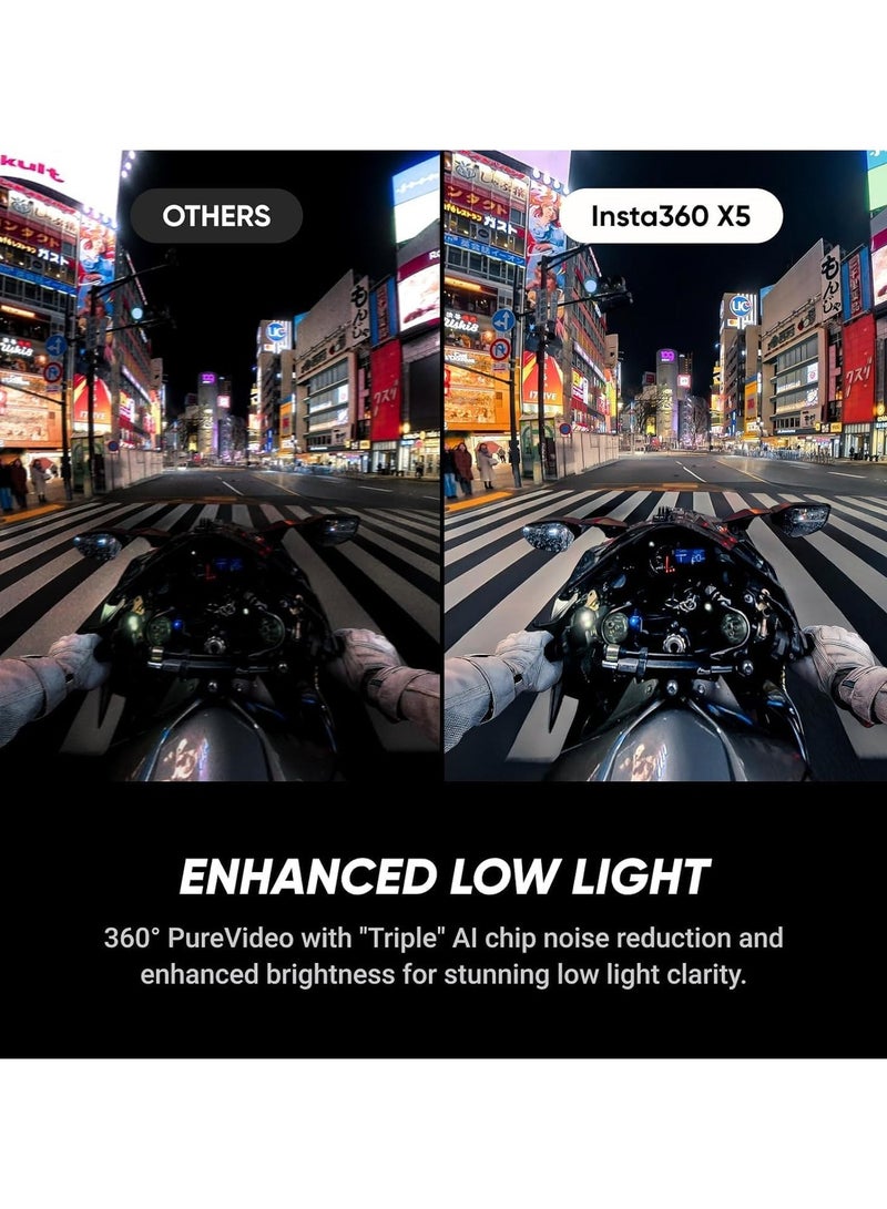 انستا 360 حزمة دراجة نارية X5 | كاميرا أكشن 8K 360 مقاومة للماء 15 متر، مستشعر مزدوج 1/1.28"، التقاط في الإضاءة المنخفضة، واقي ريح، عدسة قابلة للتبديل، عمر بطارية 185 دقيقة، تحرير بالذكاء الاصطناعي، تثبيت تلقائي - أسود - Image 5