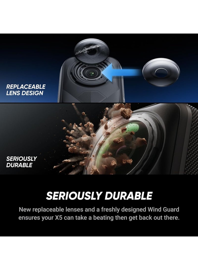 انستا 360 حزمة دراجة نارية X5 | كاميرا أكشن 8K 360 مقاومة للماء 15 متر، مستشعر مزدوج 1/1.28"، التقاط في الإضاءة المنخفضة، واقي ريح، عدسة قابلة للتبديل، عمر بطارية 185 دقيقة، تحرير بالذكاء الاصطناعي، تثبيت تلقائي - أسود - Image 3
