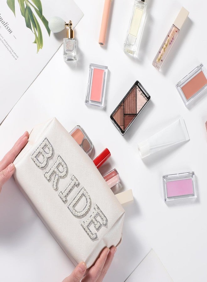 Etercycle Bride Letter Makeup Bag, Bride To Be Gifts Bling Pearl Rhinestone Patch Cosmetic Bag, Waterproof PU Travel Toiletry Bag for Bachelorette Party Women Wedding Bridal (Silver) - Image 4