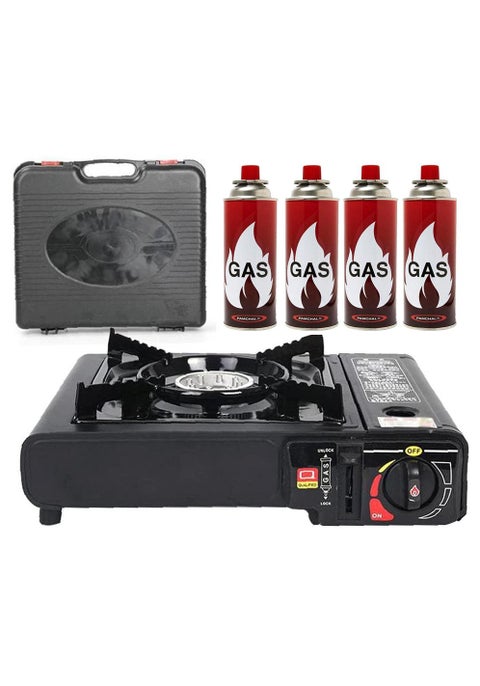 Camping Stove with 4-Piece Butane Gas Catridge -Two Way - Black/Orange/Red