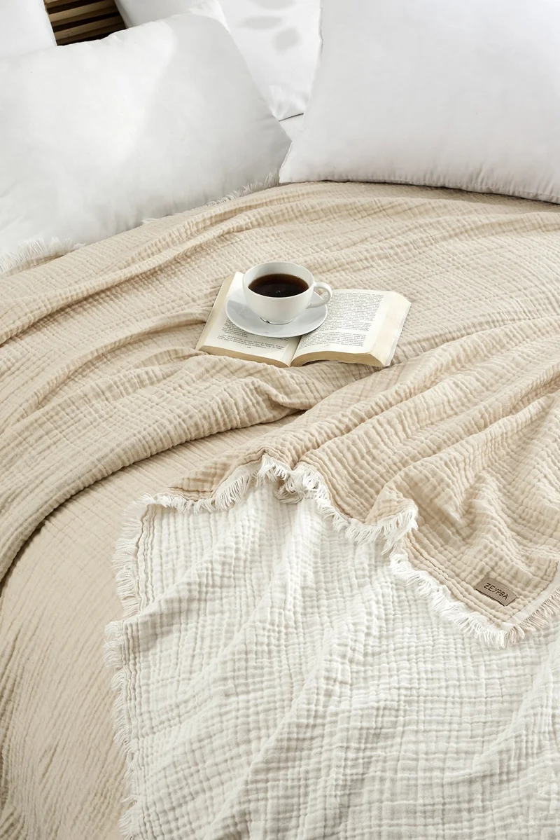Zeypba 3 Layer Muslin Double Bedspread Double Sided Beige - Ecru Tassel Muslin