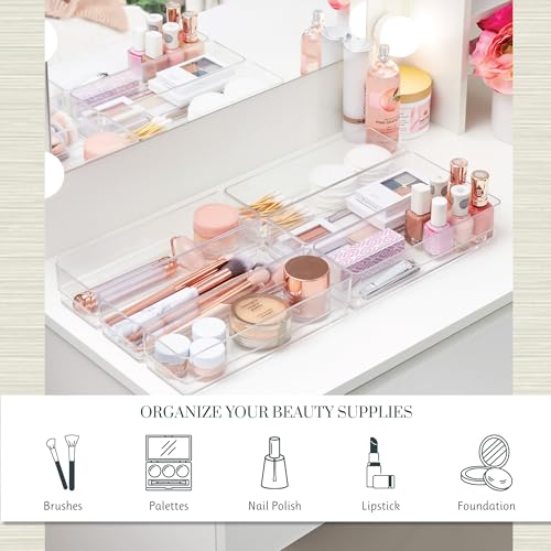 STORi SimpleSort 6-Piece Stackable Clear Drawer Organizer Set | 9" x 3" x 2" Rectangle Trays | Narrow Makeup Vanity Storage Bins and Office Desk Drawer Dividers | Made in USA - Image 3