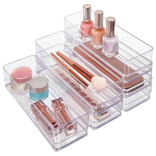 STORi SimpleSort 6-Piece Stackable Clear Drawer Organizer Set | 9" x 3" x 2" Rectangle Trays | Narrow Makeup Vanity Storage Bins and Office Desk Drawer Dividers | Made in USA - Image 1