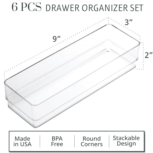 STORi SimpleSort 6-Piece Stackable Clear Drawer Organizer Set | 9" x 3" x 2" Rectangle Trays | Narrow Makeup Vanity Storage Bins and Office Desk Drawer Dividers | Made in USA - Image 2