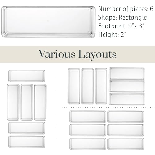 STORi SimpleSort 6-Piece Stackable Clear Drawer Organizer Set | 9" x 3" x 2" Rectangle Trays | Narrow Makeup Vanity Storage Bins and Office Desk Drawer Dividers | Made in USA - Image 5