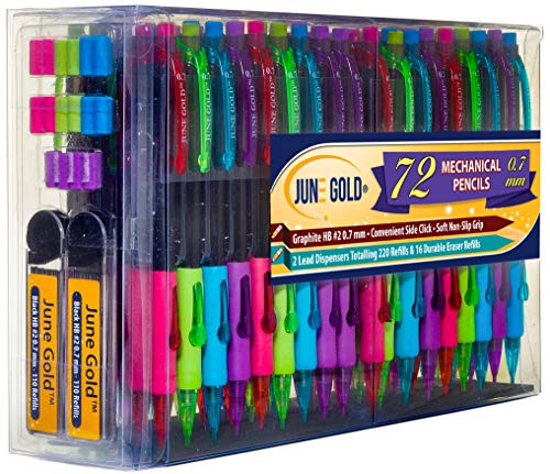 June Gold 72 Mechanical Pencils, 0.7 mm HB Lead, 2 Lead Dispensers with 220 Refills & 16 Erasers, Break Resistant, Convenient Side Click & Soft Non-Slip Grip - Image 1