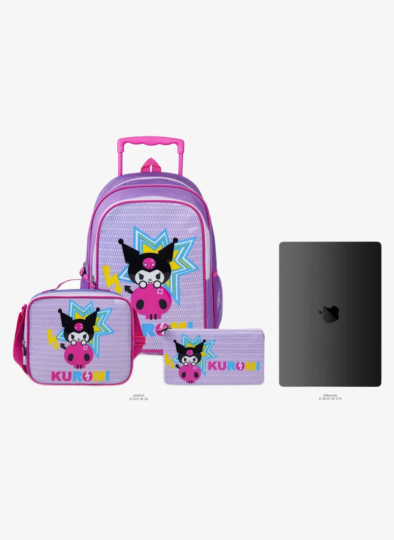 Sanrio Sanrio Kuromi 3-in-1 Trolley Set 18" – Official Kuromi Rolling School Backpack with Lunch Bag & Pencil Case, Wheeled School Bag Set for Kids Girls