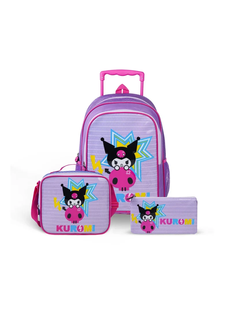 Sanrio Sanrio Kuromi 3-in-1 Trolley Set 18" – Official Kuromi Rolling School Backpack with Lunch Bag & Pencil Case, Wheeled School Bag Set for Kids Girls