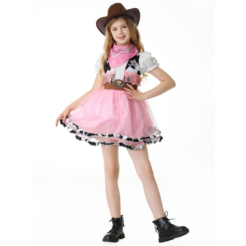 maxToonrain Cowgirl Costume for Girls Funny Holiday Princess Halloween Christmas Party Cowgirl Fancy Dress Outfit (White Vest and Pink Bandana, 9-10 Years) - Image 1
