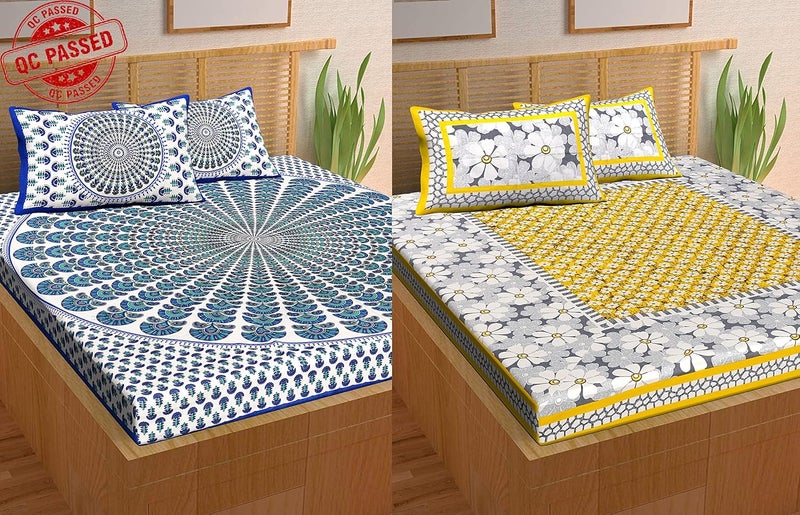 BedZone 100 Cotton Rajasthani Jaipuri Combo bedsheets for Double Bed Double Bed Set 2 Double Bedsheet with 4 Pillow Cover Multicolor 69 - Image 1