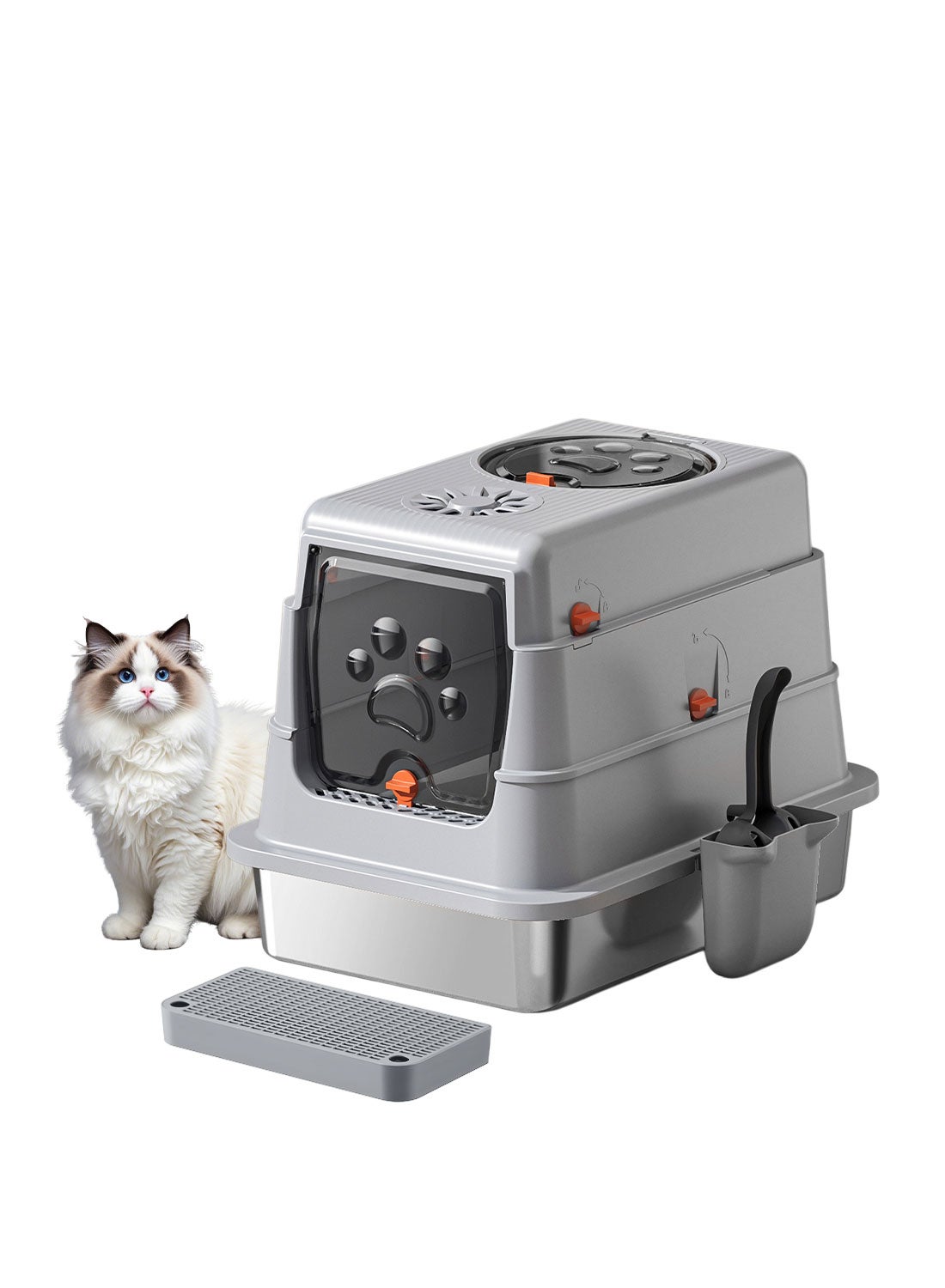 Large Fully Enclosed Stainless Steel Cat Litter Box with Litter Scoop Cat Toilet Cat Litter Tray High Wall Side Shell Non-Sticky Anti Splashing and Easy Clean 35*50*38cm