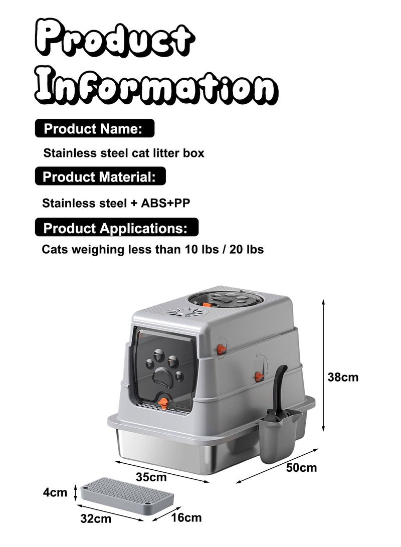 Kidle Large Fully Enclosed Stainless Steel Cat Litter Box with Litter Scoop Cat Toilet Cat Litter Tray High Wall Side Shell Non-Sticky Anti Splashing and Easy Clean 35*50*38cm - Image 5