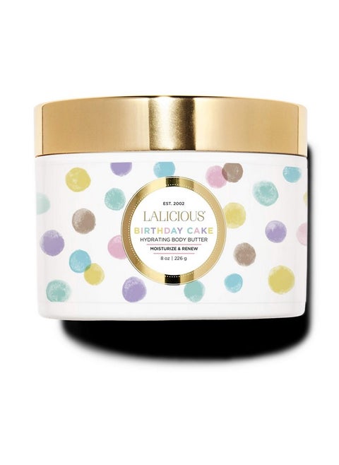 LaLicious Birthday Cake Shimmering Body Butter - Hydrating Body & Skin Moisturizing Cream with Whipped Shea Butter, Vitamin E, Cucumber Extract & Apricot Oil - No Parabens (8oz)