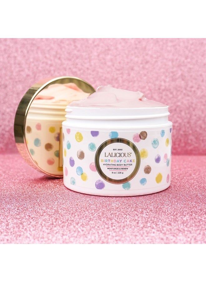 LaLicious Birthday Cake Shimmering Body Butter - Hydrating Body & Skin Moisturizing Cream with Whipped Shea Butter, Vitamin E, Cucumber Extract & Apricot Oil - No Parabens (8oz)