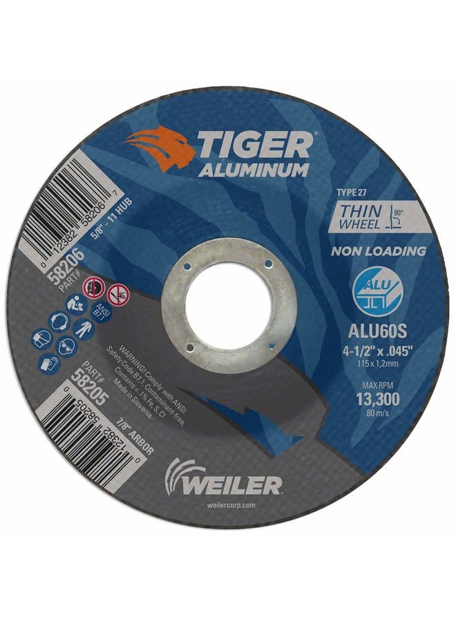 WEILER 58205 4-1/2 x .045 Tiger Aluminum Type 27 Cut Off Wheel ALU60S 7/8 A.H (Pack of 25) - Image 1