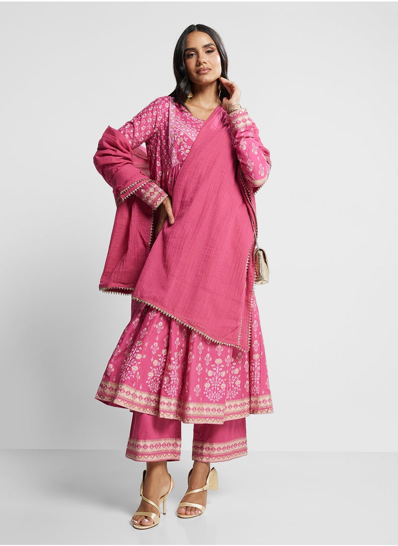 Biba Printed Kurta, Palazo & Dupatta Set  - Image 1