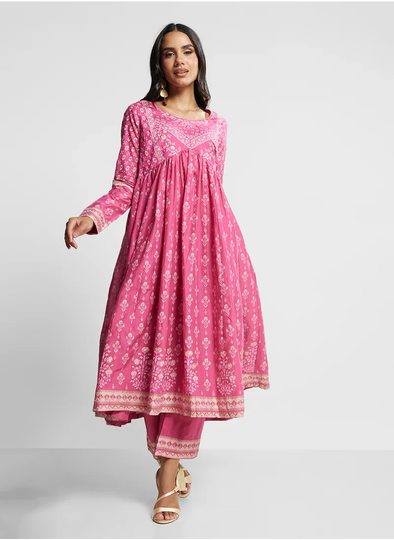 Biba Printed Kurta, Palazo & Dupatta Set