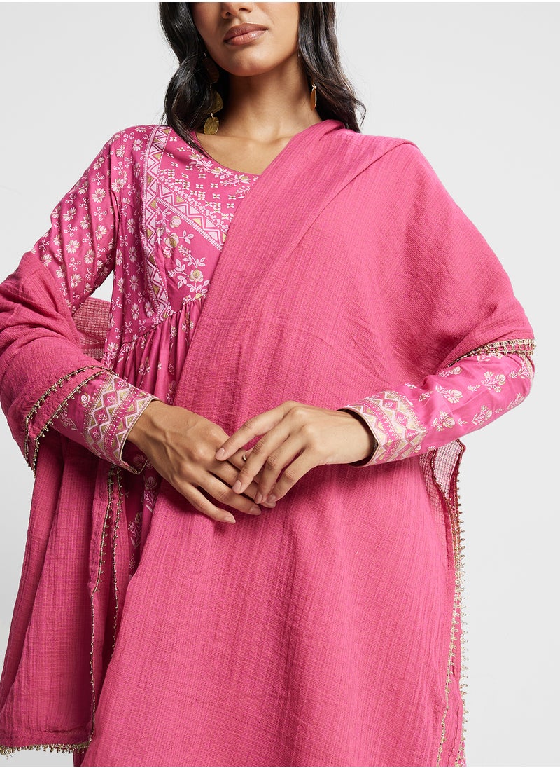 Biba Printed Kurta, Palazo & Dupatta Set  - Image 3