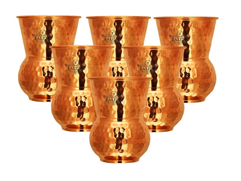 Taluka Set Of 6 Pure Copper Round Bottom Hammered Water Serving Purpose Copper Glass Home Hotel Drinkware Good Health Benefits Yoga Ayurveda 3 x 45 inches - Image 1