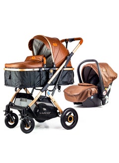 LUCID SENA + CS Stroller Baby Carrycot and Luxury Carseat with Canopy and Leather Cover by Lucid Model - Brown  - Image 1