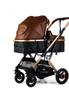 LUCID SENA + CS Stroller Baby Carrycot and Luxury Carseat with Canopy and Leather Cover by Lucid Model - Brown  - Image 5