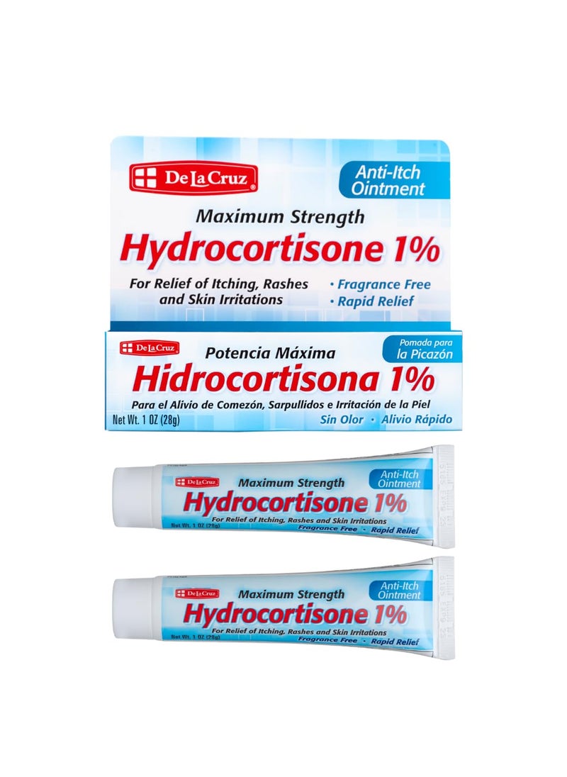 De La Cruz De La Cruz 1% Hydrocortisone Ointment -Maximum Strength - Topical Anti Itch Ointment - Dry Skin, Redness, Dermatitis, Eczema and Rashes - 1 OZ (28g) 2 Pack 