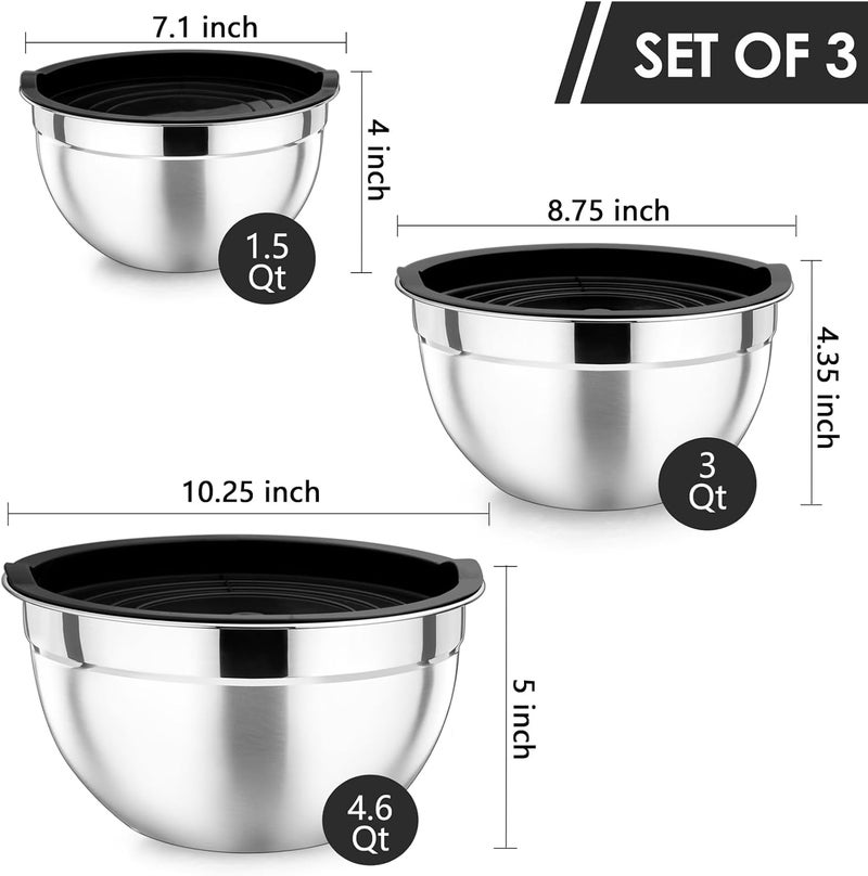 P&P CHEF Nesting Mixing Bowls Set of 3, Stainless Steel Salad Bowl with Black Lids for Prepping Serving Storing, Heavy Duty & Easy to Clean, Size 4.6/3 / 1.5 QT - Image 2