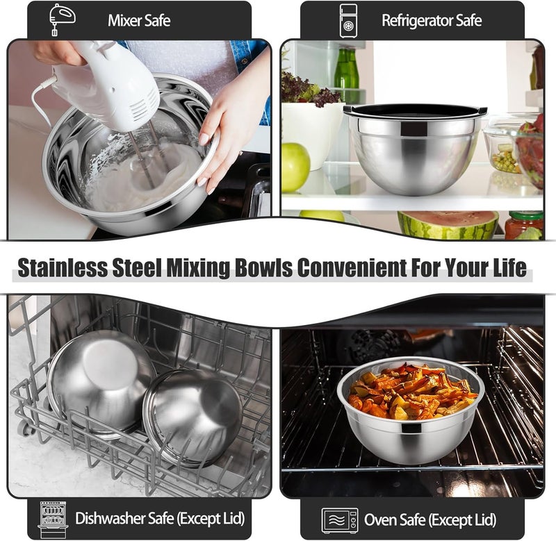 P&P CHEF Nesting Mixing Bowls Set of 3, Stainless Steel Salad Bowl with Black Lids for Prepping Serving Storing, Heavy Duty & Easy to Clean, Size 4.6/3 / 1.5 QT - Image 5