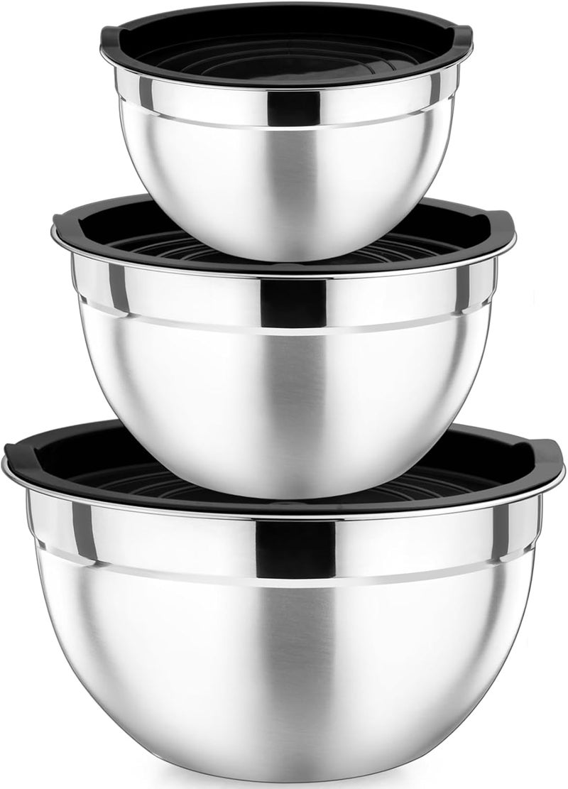 P&P CHEF Nesting Mixing Bowls Set of 3, Stainless Steel Salad Bowl with Black Lids for Prepping Serving Storing, Heavy Duty & Easy to Clean, Size 4.6/3 / 1.5 QT - Image 1