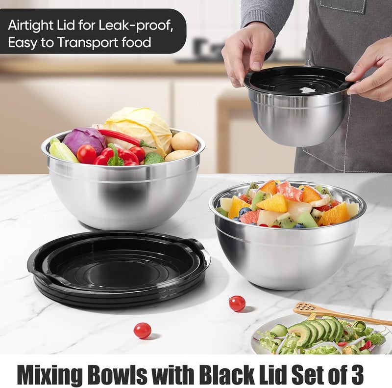 P&P CHEF Nesting Mixing Bowls Set of 3, Stainless Steel Salad Bowl with Black Lids for Prepping Serving Storing, Heavy Duty & Easy to Clean, Size 4.6/3 / 1.5 QT - Image 3