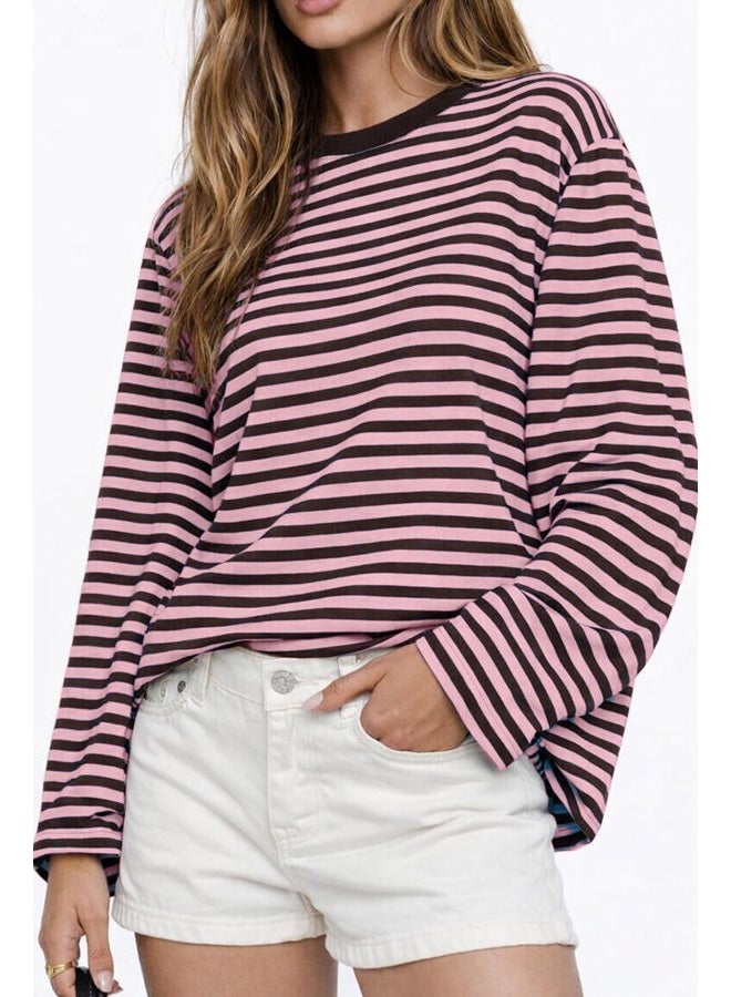 CHYRII Womens Oversized Striped Long Sleeve T Shirt Fashion 2026 Crewneck Casual Fall Spring Tops Y2K Clothes, Pink+coffee, XS - Image 5
