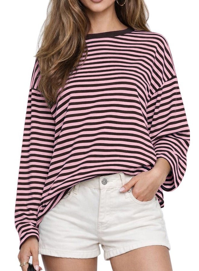 CHYRII Womens Oversized Striped Long Sleeve T Shirt Fashion 2026 Crewneck Casual Fall Spring Tops Y2K Clothes, Pink+coffee, XS - Image 1