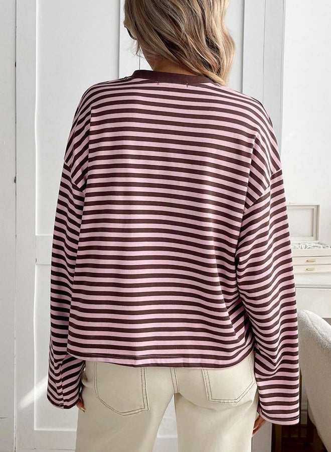 CHYRII Womens Oversized Striped Long Sleeve T Shirt Fashion 2026 Crewneck Casual Fall Spring Tops Y2K Clothes, Pink+coffee, XS - Image 2