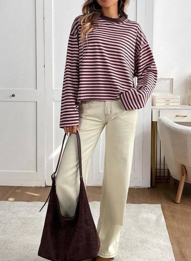 CHYRII Womens Oversized Striped Long Sleeve T Shirt Fashion 2026 Crewneck Casual Fall Spring Tops Y2K Clothes, Pink+coffee, XS - Image 3